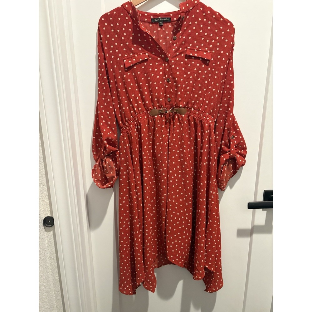 Ryan Michelle artsy country club  M Red White Polka Dot belted dress.